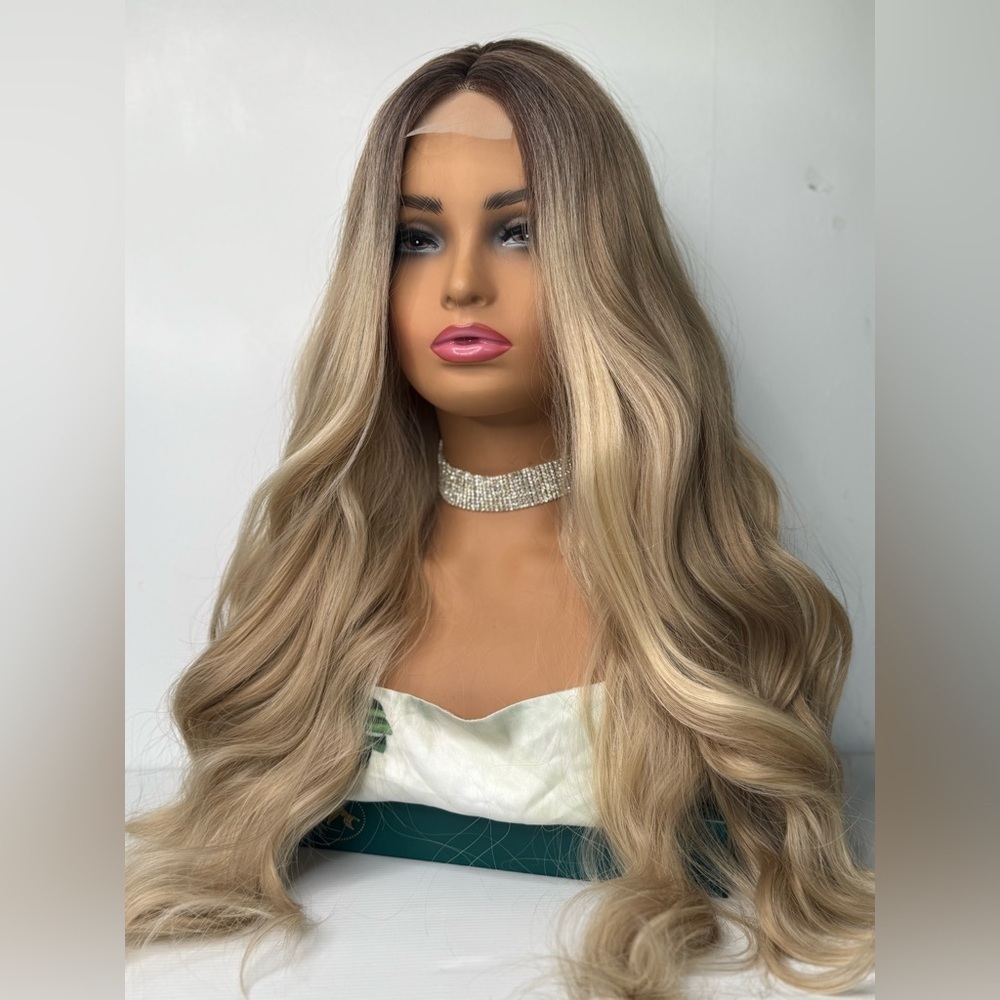 Blonde Lace Front Wig – Long Wavy Ombre Wig with Natural Hairline 28 In